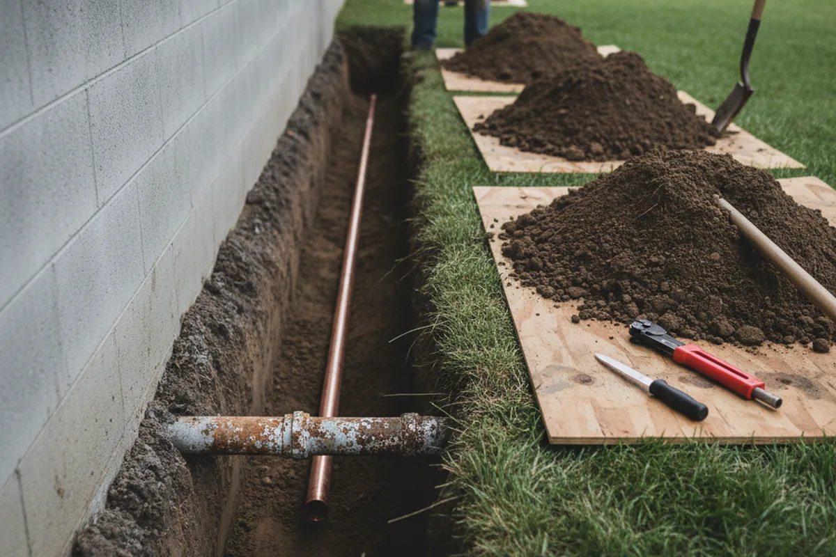 Excavated water line trench during Water Softener Installation in Millwood
